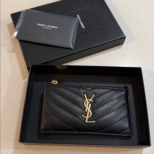 Authentic Saint Laurent Quilted Black Card Holder with Gold Monogram